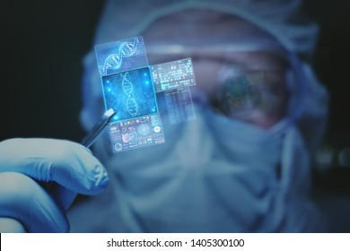 Portrait Of A Scientist Holding With Tweezers And Showing In Camera A Futuristic Latest Innovative Technology Sample Of DNA With Augmented Reality Holograms In A Laboratory.