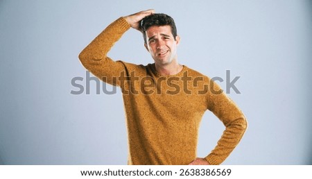 Portrait, scratching head and solution with man in studio for doubt, problem solving or question. Confused. emoji and why with unsure person on white background for answer, decision or mistake