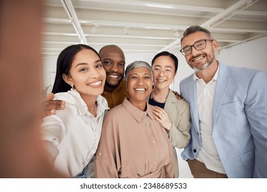 Portrait, selfie and diversity of business people smile in office for trust of global team building. Group, happy employees and friends in profile picture about us on social media for company culture - Powered by Shutterstock