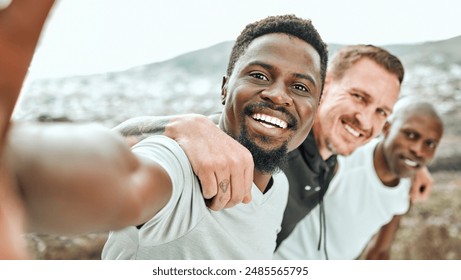 Portrait, selfie and friends outdoor for fitness, exercise or workout together for health in nature. Sport, diversity and face of happy group of men with picture for training, bonding and wellness - Powered by Shutterstock