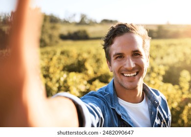 Portrait, selfie and happy man at farm for agriculture, growth or gardening in nature. Face, picture and smile farmer at field in countryside for sustainability, production and agro outdoor in Italy - Powered by Shutterstock