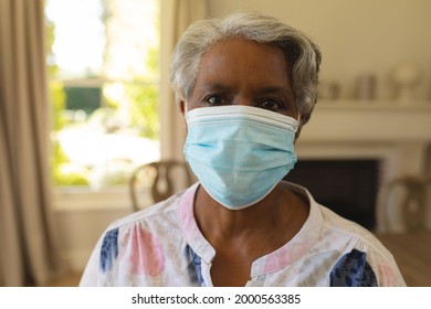 Portrait Of Senior African American Woman In Face Mask. Retirement And Senior Lifestyle During Covid 19 Pandemic Concept.