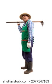 Portrait of senior agricultural worker posing with a hoe isolated on white background, clipping path
