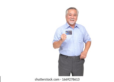 Portrait Of Senior Asian Man Holding Credit Card And Showing On Hand Isolated On White Background