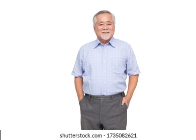 Portrait Of Senior Asian Man Smile Isolated Over White Background, Mature Businessman Smiling And Looking At Camera, Happy Feeling Concept