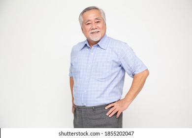 Portrait Of Senior Asian Man Smile Isolated Over White Background, Mature Businessman Smiling And Looking At Camera, Happy Feeling Concept