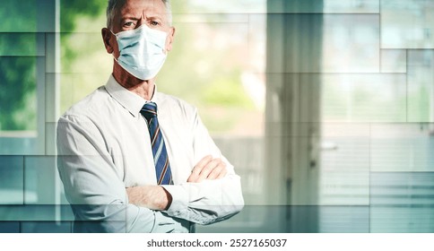 Portrait of senior businessman with arms crossed wearing a face mask, geometric pattern - Powered by Shutterstock