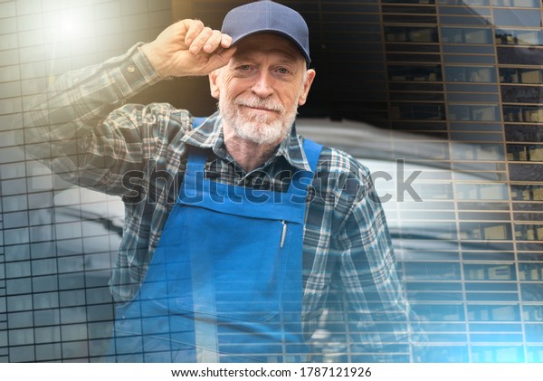 Portrait of\
senior car mechanic; multiple\
exposure