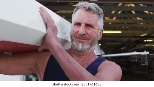 Portrait of senior caucasian man carrying a rowing boat. sport retirement leisure hobbies rowing healthy outdoor lifestyle. - Powered by Shutterstock