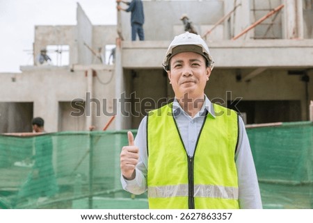Portrait senior construction engineer builder thumbs up, Happy smiling architect adult asian man, Confirm approved project