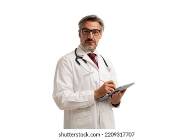 Portrait Of Senior Doctor In Doctor Coat Wearing Stethoscope And Eye Glasses, Using Stylus Pen On Digital Tablet. Isolated On White Background.