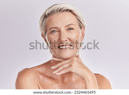 Portrait, senior or happy woman with natural beauty or healthy face in studio isolated on white background. Dermatology, smile or mature female model with facial skincare cosmetics or glowing shine