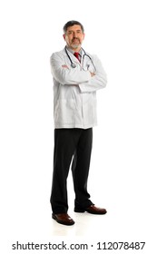 Portrait Of Senior Hispanic Doctor Standing With Arms Crossed Isolated Over White Background