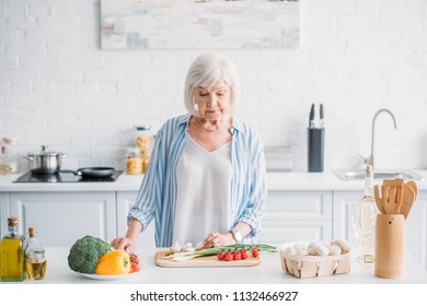 Portrait Senior Lady Cutting Vegetables While Stock Photo 1132466927 ...