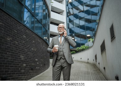 Portrait of senior man with beard businessman in suit stand outdoor in front of modern building corporation use mobile phone smartphone make a call talk real person copy space - Powered by Shutterstock