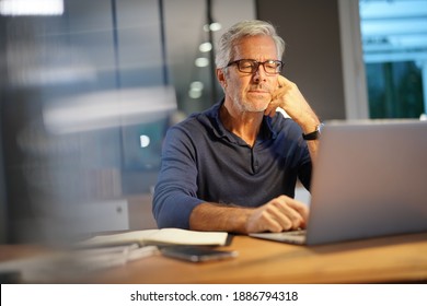 Portrait of senior man with grey hair connected with laptop