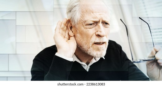 Portrait of senior man having hearing problems, geometric pattern - Shutterstock ID 2238613083