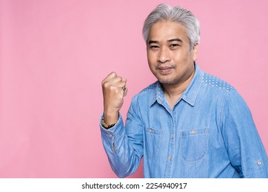 Portrait of senior man standing raising a fist with confident isolated on pink background, Happy elderly man gray hair in a blue shirt. - Shutterstock ID 2254940917