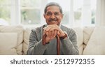 Portrait, senior man and walking stick for Arthritis in elderly care, wellness or health. Happy pensioner, person with a disability and cane for support, balance or movement in retirement home in UAE