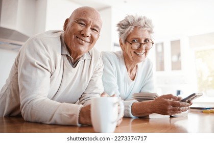 Portrait, senior and old interracial couple relax in home kitchen in the morning with coffee happy, smile and confident together. Old man and elderly woman on counter enjoying retirement in happiness - Powered by Shutterstock