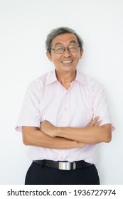 Portrait Of A Senior Older Asian Man Good Positive Looking Pose With Happy And Confident To Camera On White Background.