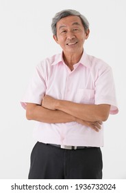 Portrait Of A Senior Older Asian Man Good Positive Looking Pose With Happy And Confident To Camera On White Background.