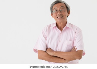 Portrait Of A Senior Older Asian Man Good Positive Looking Pose With Happy And Confident To Camera On White Background.