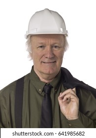 Portrait Of A Senior Older Business Man Standing Wearing A Hard Hat; Isolated On White Background 