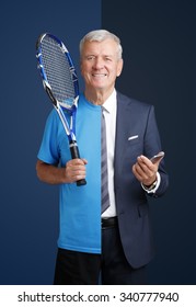 Portrait Of Senior Split Person: Sportsman And Businessman Standing Against Isolated Background.