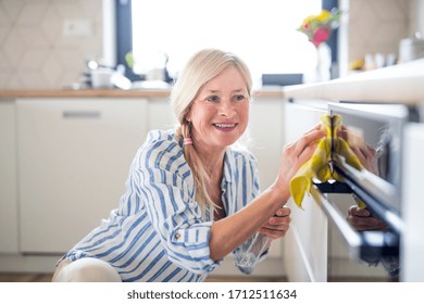 Portrait Of Senior Woman Cleaning Oven Door Indoors In Kitchen At Home.