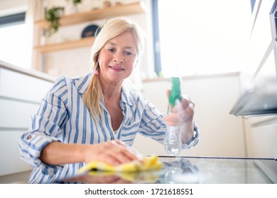 Portrait Of Senior Woman Cleaning Oven Door Indoors In Kitchen At Home.