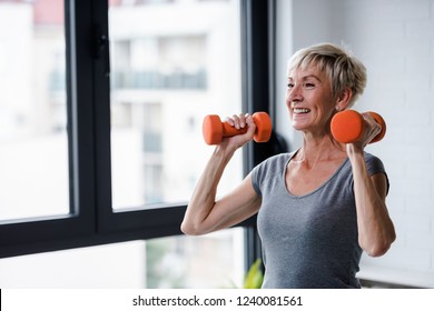 Portrait of senior woman lifting dumbbells - Shutterstock ID 1240081561