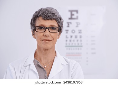 Portrait, senior woman and optometrist for eye care, letter chart for exam with doctor at clinic. Alphabet, glasses for vision and prescription lens, assessment and ophthalmology for spectacles - Powered by Shutterstock