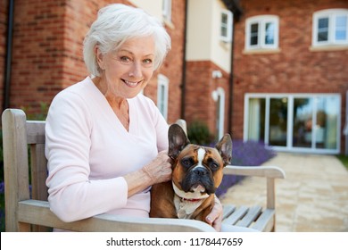 Portrait Of Senior Woman Sitting On Bench With Pet French Bulldog In Assisted Living Facility