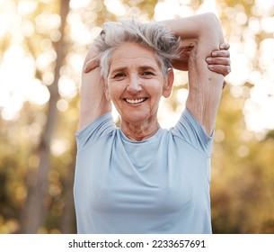 Portrait, senior woman and stretching for health, wellness with smile outdoor. Retirement, mature female and elderly lady exercise, workout and fitness to relax, energy and healthy for training. - Powered by Shutterstock