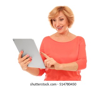 Portrait of senior woman with tablet computer, isolated on white