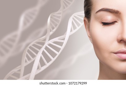 Portrait of sensual woman among white DNA chains.