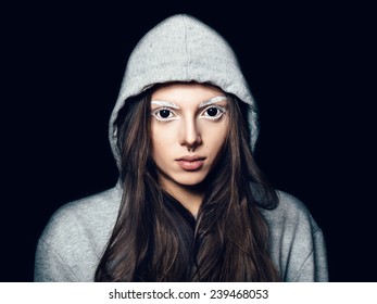 Portrait Of A Sensual Young Woman With Black Eyes And White Eyebrows. 