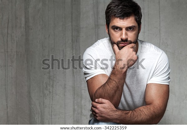 Portrait Serious Adult Man White Tshirt Stock Photo (Edit Now) 342225359