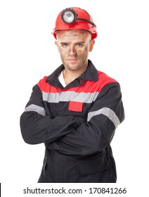 Portrait Of Serious Coal Miner With His Arms Crossed Isolated On White Background