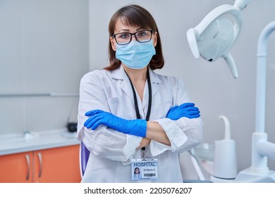 Portrait Of Serious Female Doctor Dentist In Face Mask In The Office