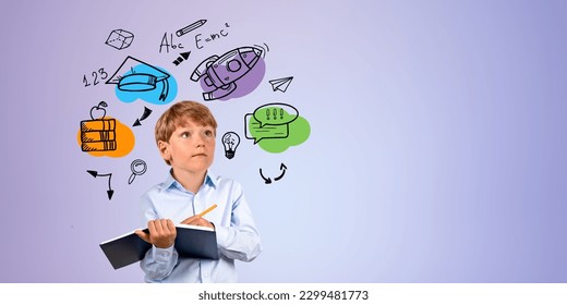 Portrait of serious little boy holding notebook over purple background with education icons drawn on it. Concept of learning. Copy space - Powered by Shutterstock