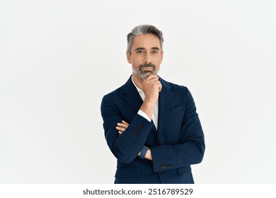 Portrait of serious middle aged business man thinking on business challenge. Mature businessman professional manager wearing suit considering financial risks looking at camera standing isolated white. - Powered by Shutterstock