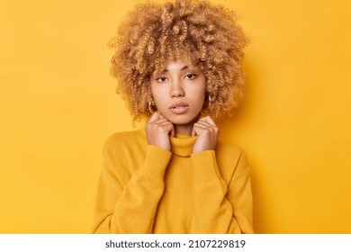 Portrait Of Serious Self Confident Woman With Curly Hair Keeps Hands On Collar Of Cashmere Jumper Poses Against Bright Yellow Background Has Healthy Skin Appeaking Appearance. Monochrome Shot