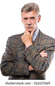 Portrait Of Serious Senior Man Is Posing Isolated On White Background.