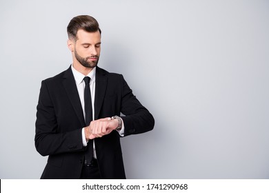 Portrait of serious successful worker stand copyspace wait for his partners check time wrist watch wear classy outfit isolated over grey color background
