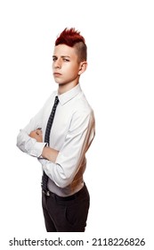 Portrait Of Serious Teen With Red Mohawk Wearing Shirt And Tie While Looking At Camera. Isolated