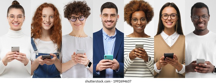 Portrait Set Of Happy Different Men And Women Using Smartphone. Young Multiethnic Group Of People With Mobile Phone