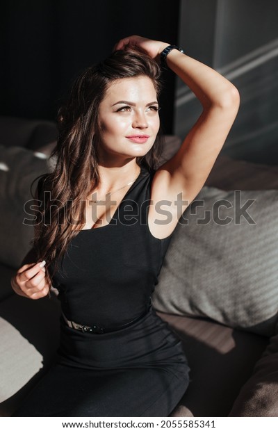 Portrait Sexy Brunette Black Dress On Stock Photo 2055585341 | Shutterstock