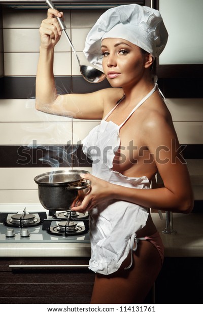 Portrait Sexy Housewife Tasting Dish Kitchen Stock Photo Edit Now
